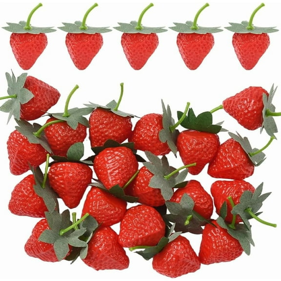 20Pcs Red Artificial Strawberries Plastic Strawberries Bulk Small Realistic Simulation Lifelike Fruit