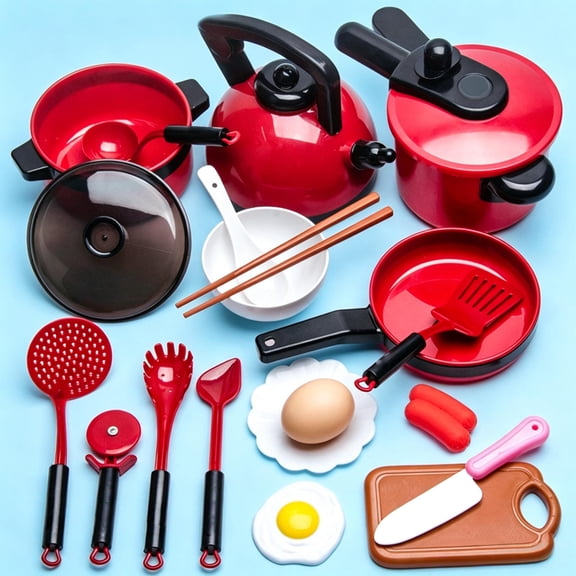 20Pcs Red Kids Pretend Play Kitchen Cookware Set, Little Chef Role Play Educational Toy, Birthday Holiday Gift for Toddler Boys Girls Ages 4+
