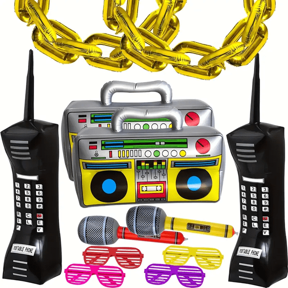 20Pcs Retro 80s/90s Party Decorations Set, Inflatable Boombox, Mobile Phones, Sunglasses, Microphones, and Gold Number Balloons, for Themed Parties, Birthdays, Hip Hop Party, Retro Events