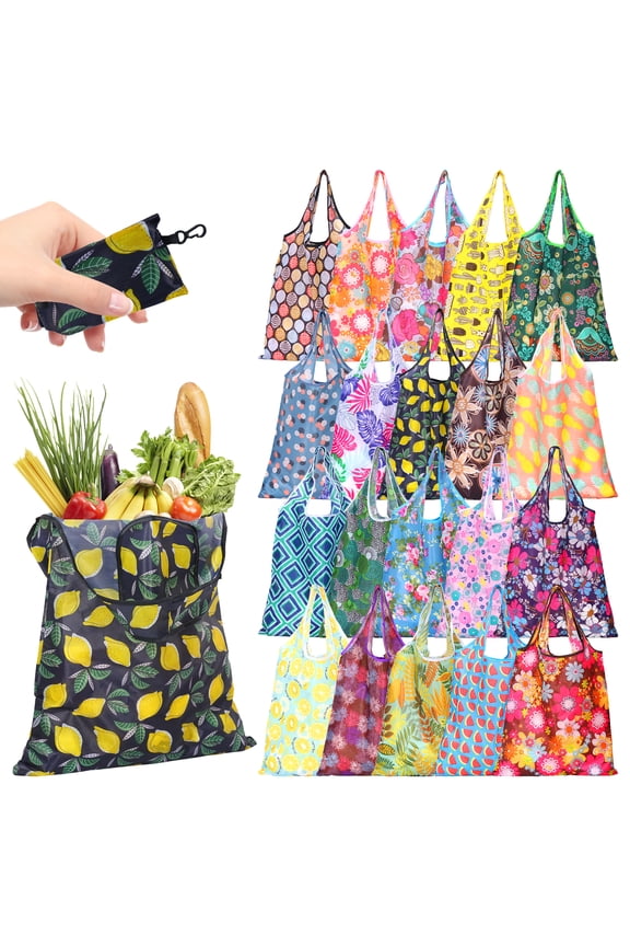20Pcs Reusable Shopping Bags, Max 22lbs, Foldable-Machine Washable Eco-friendly Travel Recycle Grocery Bags Boho Gifts for Women