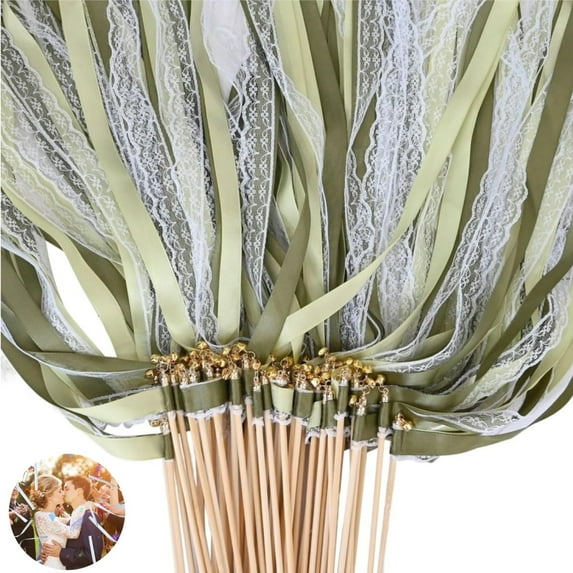20Pcs Ribbon Streamers,Wedding Ribbon Wedding,Long Dance Polyester Stick,Party Streamers with Bells for Holiday Celebration,Favors,Green