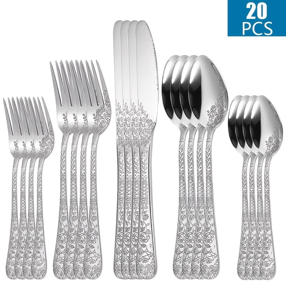 20Pcs Rose Pattern Stainless Steel Cutlery Set, Service for 4 with Knife Fork Spoon Dessert Fork, Elegant Spring & Easter Gift for Weddings, Graduation, Birthday & Home Kitchen Use