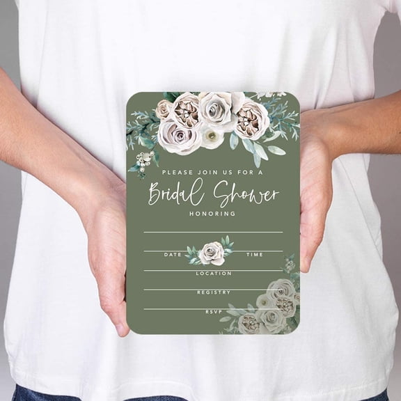 Koyal Wholesale Sage Green Cream Floral Fall Bridal Shower Paper Invitations, Blank Cards with Envelopes, 20-Pack