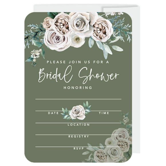20Pcs Sage Green|Cream Floral Blossom Blank Invitations Please Join Us for a Bridal Shower