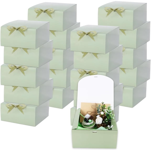 20Pcs Sage Green Gift Boxes with Lids Ribbons 8 x 8 x 4 Inch Bridesmaid Proposal Box with 100pcs Glue Points for Wedding Birthday Craft Snack Holiday Party Favors
