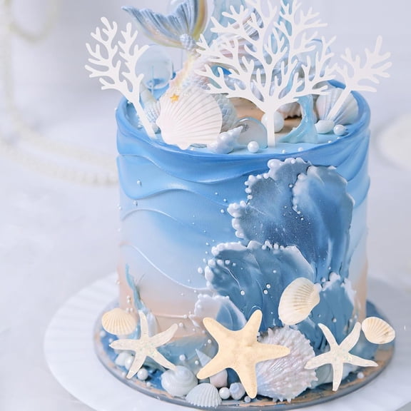20Pcs Sea Shell Cake Decorations - Under The Sea Beach Theme Seashell Cake Toppers Starfish Coral Cake Decorations for Girls Womens Birthday Baby Showers Weddings Engagements Bachelor Parties