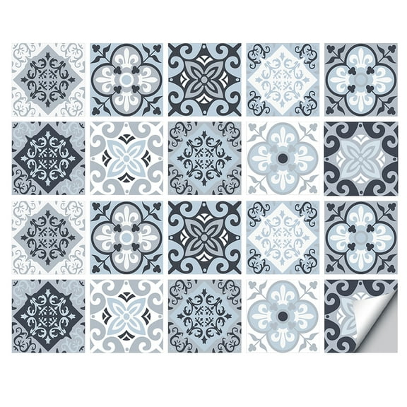 20Pcs Self-Adhesive Tile Stickers Waterproof Kitchen Backsplash 4"x4" Bathroom Wall Decals Blue Gray White