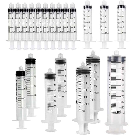 20Pcs/Set 6 Sizes Plastic Syringes Luer Lock With Measurement No Needle for 5-100ml 20pcs