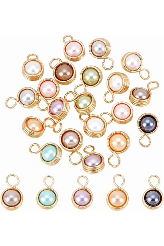 20Pcs Shell Pearl Round Copper Wire Wrapped Pendants Golden Mixed Color 16x10x8mm Hole: 3.5mm for DIY
