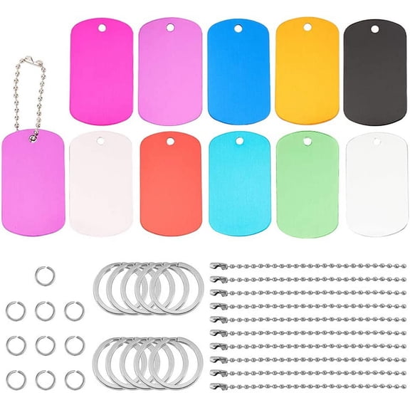 20Pcs Shield Shape Colored Aluminum Stamping Blanks 2 x 1.2" Pet ID Tags with Plastic Storage Box 30Pcs Jump Rings 10Pcs Ball Chains 10Pcs Key Rings for Engraving Art Crafts Making