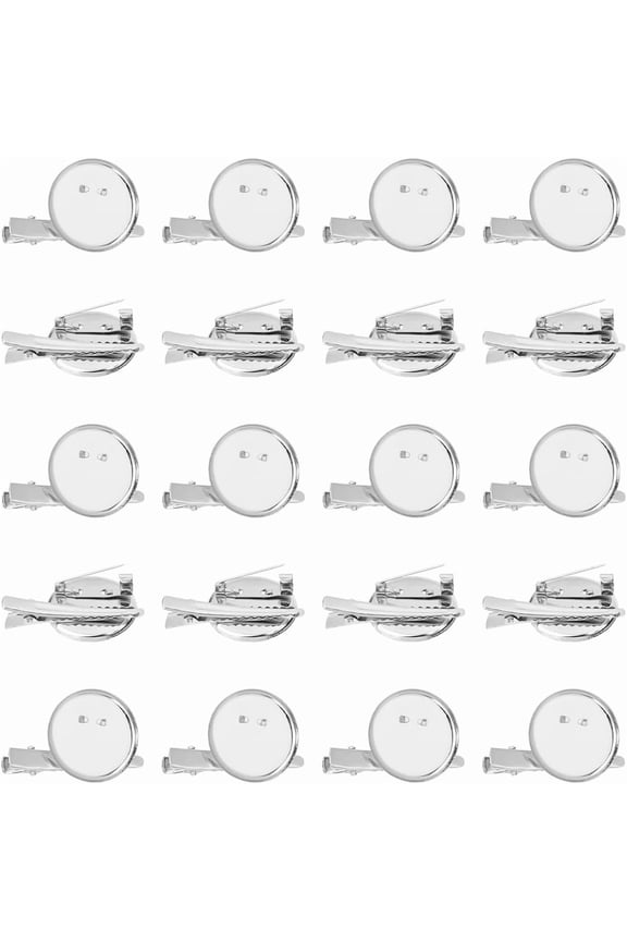 20Pcs Silver Brooch Pin Blank Metal Flat Round Cabochon Brooches Base Bezel Tray Settings with Clip for Corsage Name ID Badges Jewelry DIY Craft Making Accessories Metal Platinum