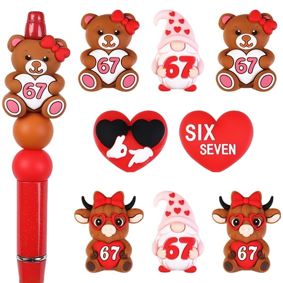20Pcs Six Seven 67 Meme Silicone Focal Beads - Cute Bear Cow Gnome Heart Beads for Beadable Pens, DIY Keychains, Jewelry & Valentine's Day Teen Gifts