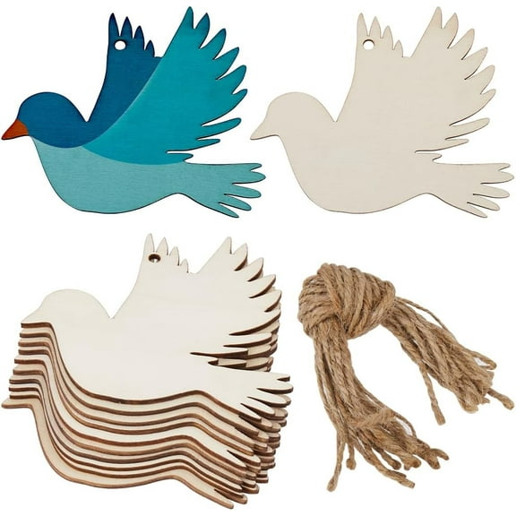 20Pcs Small Unfinished Wooden Birds Wood Cutouts Ornaments Peace Dove Hanging Bird Decor Slices Signs Blank with Hole Hemp Rope DIY