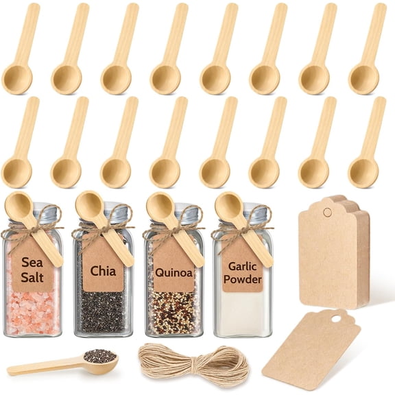 20Pcs Small Wooden Spoons Set, 3 Inches Mini Wood Tasting Spoon with Tags and Twine for Jars