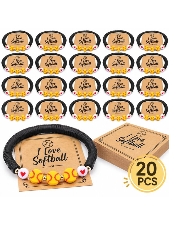 20Pcs Softball Beaded Bracelet Set with Inspirational Kraft Cards, Adjustable Elastic Wristbands, Sports Team Gift for Players and Fans, Party Favors for Sports Banquet