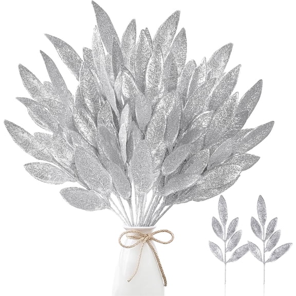 20Pcs Sprays Giltter Stems,13.1In Sprays Glittered Christmas Tree Ornament for Vase Bouquet,Silver Twig Stem Xmas Decor for Xmas,Tree,Wreath,Wedding