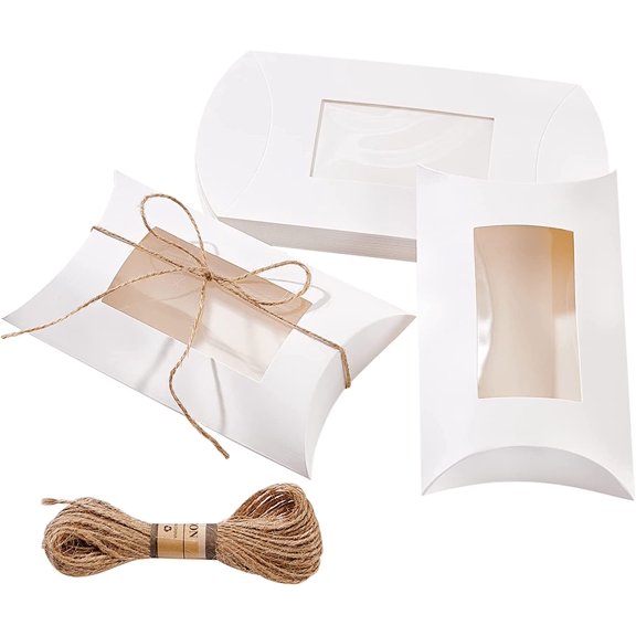 20Pcs Sweet Pillow Favour Boxes 6.7x4.3x1.6 inch White Kraft Pillow Boxes with PVC Clear Windows and 10m Jute Cord Self Assembly