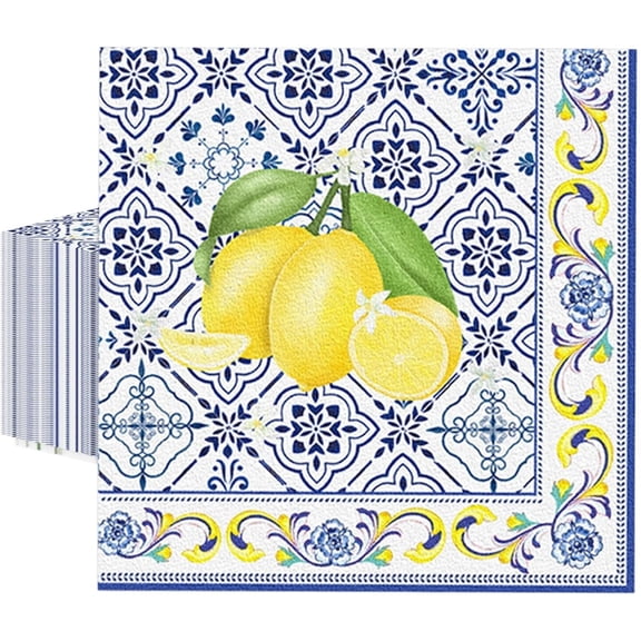 20Pcs Tiles Lemons Paper Napkins 6.5 X 6.5 Inches, Blue Yellow Fruit Theme Disposable Luncheon Dinner Party Napkins Cocktail Napkin For Wedding Bridal Shower Summer Party Decorations