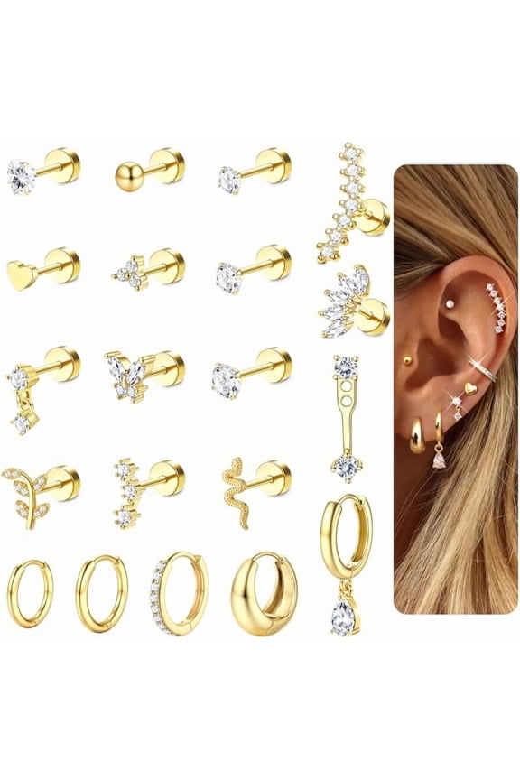 20Pcs Top Flat Back Earrings for Women Helix Piercing Jewellery Surgical Steel Hoop Cartilage Sleeper Earrings Gentle On Skin Conch Daith Tragus Piercing Earring Sets for Multiple Piercings[x141]