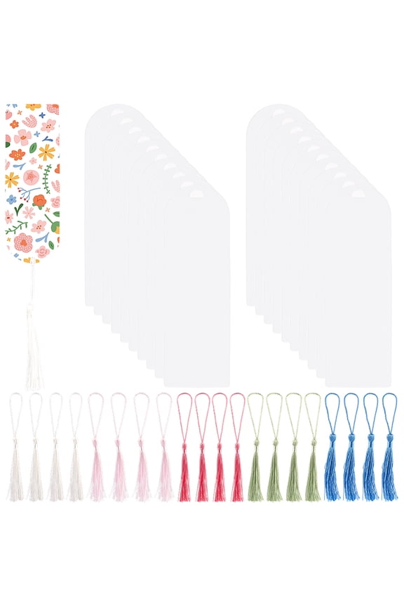 20Pcs Transparent Blank Acrylic Bookmarks 20Pcs Polyester Tassel Big Pendant Decorations Mixed Color 150x50x1mm Hole: 9.5x5mm