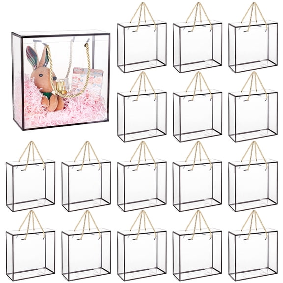 20Pcs Transparent PET Plastic Gift Boxes with 40Pcs Polyester Cord Rectangle Black 20x20x9cm