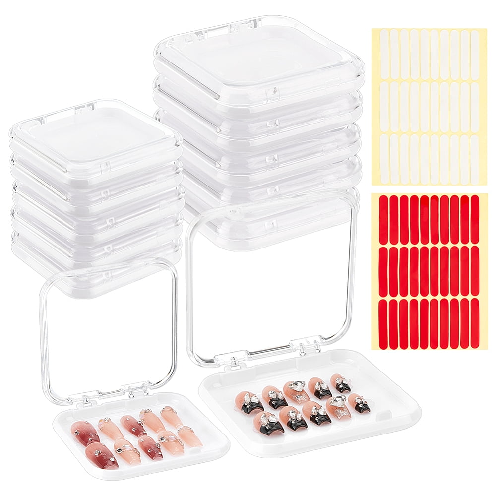 20Pcs Transparent Plastic Nail Art Tool Storage Box with 2 Sheets Double Side Adhesive Glue Sticky Tape For False Nail Tips White