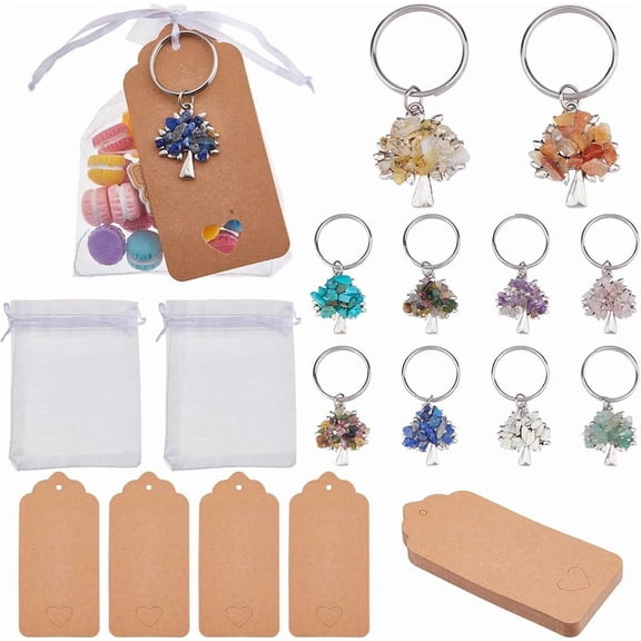 20Pcs Tree of Life Keychain Gemstone Chip Keychain Bulk Natural Stone Keyrings with Paper Tags and Organza Bags for DIY handcrafting