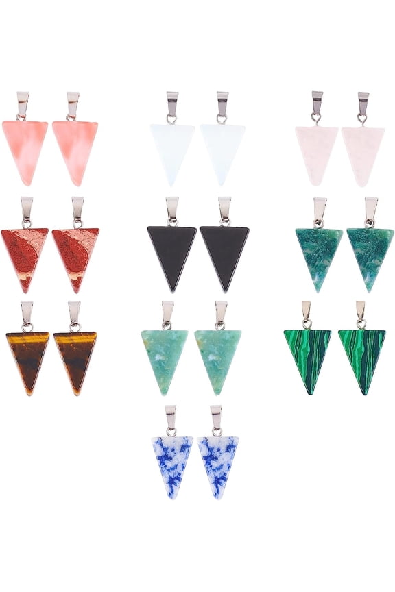 20Pcs Triangle Gemstone Charms 10 Styles Stone Pendents Healing Quartz Stone Charms with Steel Snap On Bails for Earring Bracelet Jewelry Making DIY CraftingHole: 2x7mm Gold