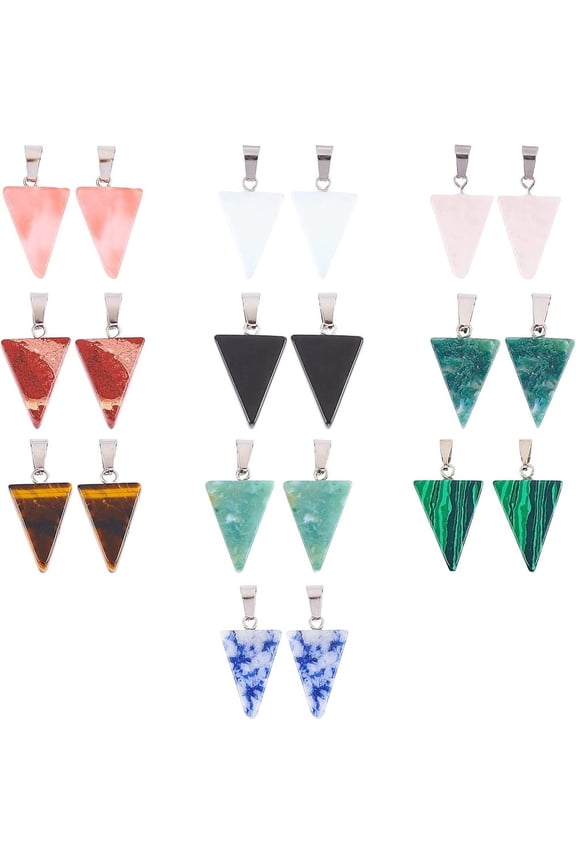 20Pcs Triangle Gemstone Charms 10 Styles Stone Pendents Healing Quartz Stone Charms with Steel Snap On Bails