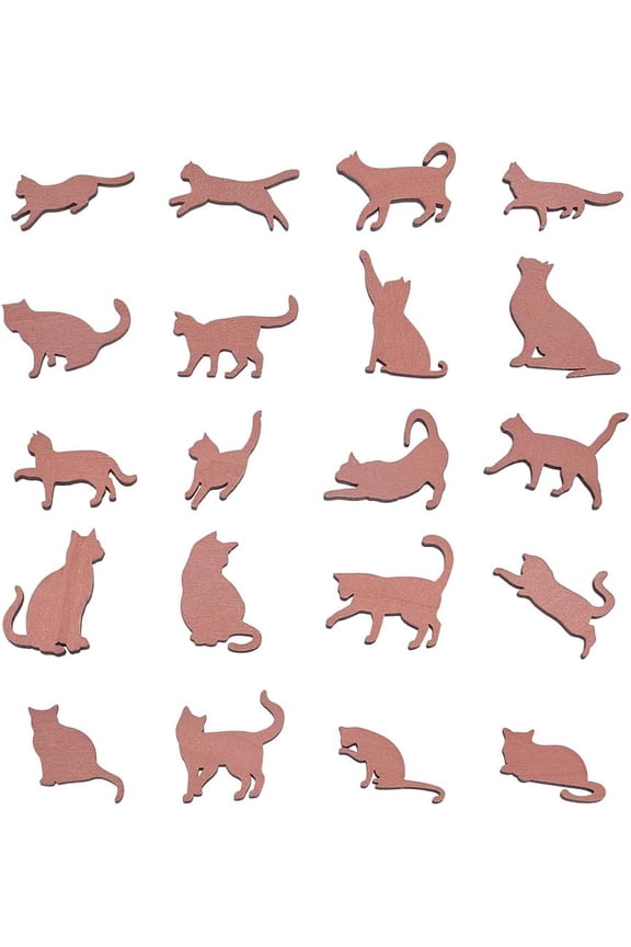20Pcs Unfinished Wood Cat Cut Outs 20 Styles Brown Cat Wooden DIY Crafts Animal Crafts Small Blank Cats Pieces Cats Pendants