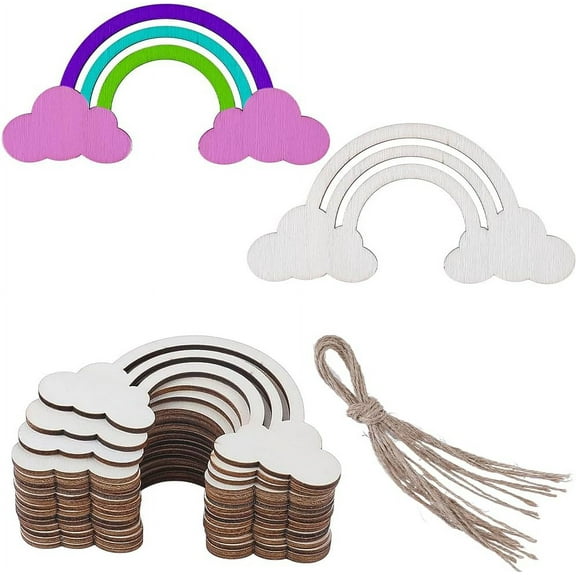 20Pcs Unfinished Wooden Rainbow Wood Pieces Cutouts DIY Crafts Hanging Ornaments Cloud Discs Slices with 20pcs Ropes for DIY Home Projects Wedding Birthday Christmas Party Decor Embellishments
