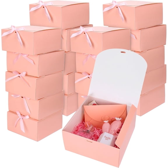 20Pcs Valentine's Day Pink Gift Boxes with Lids Ribbons 8 x 8 x 4 Inch Bridesmaid Proposal Box with 100pcs Glue Points for Wedding Packaging Present Birthday Craft Snack Holiday Party Favors