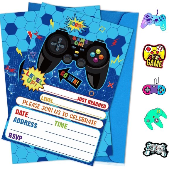 20Pcs Video Game Party Invitations Sets with Envelopes Game Stikers Double-sided Printed Blue Game On Birthday Invitations for Boys Birthday Party Gaming Party Decorations, 6.7x4.7 Inch