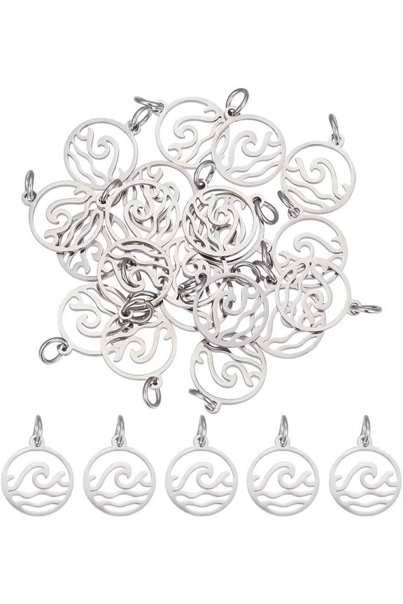 20Pcs Wave Charms Flat Round with Wave Charm Hollow Stainless Steel Charms with Jump Rings Ocean Pendant for Outdoor Lovers Surf Climbers Graduation Gift 13.5x11.5x0.5mm 1set