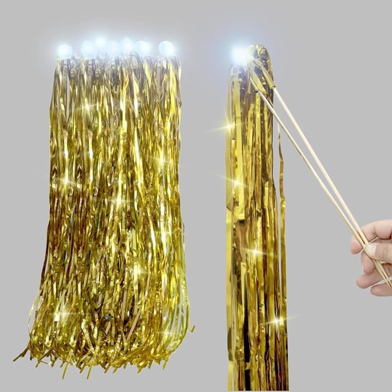 20Pcs Wedding Send Off Wands, Light Up Hand Streamers with Shiny Foil Tinsel Glitter LED Ribbon Stick for Birthday Party Celebration Bridal Baby Shower, Gold