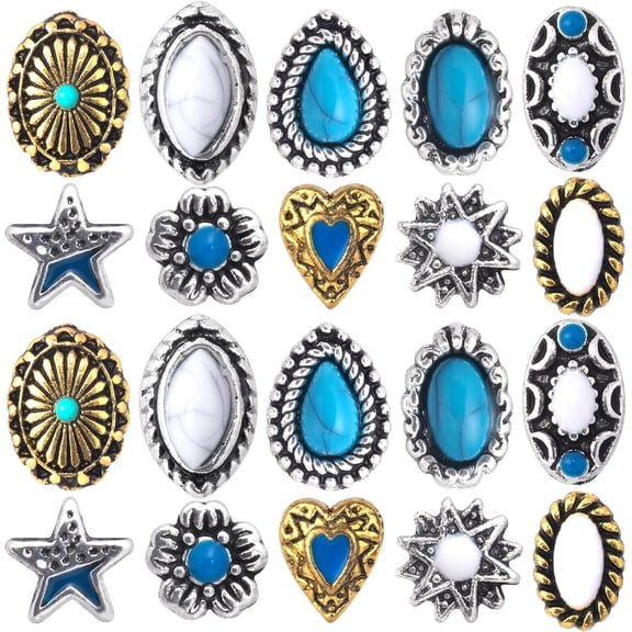 20Pcs Western Nail Charm, 10 Styles 3D Vintage Turquoise Daisy Nail Art Rhinestones Blue Marble Gems Jewel Accessories for Acrylic Nails Women Valentines Wedding Prom Decorations
