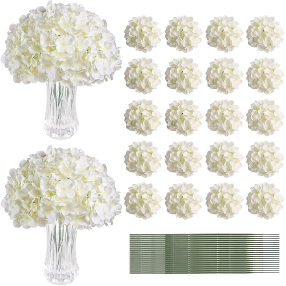 20Pcs White Hydrangea , Ivory Faux Hydrangea Flowers, Silk Flowers Heads with Stems, Fake Hydrangeas for Home Decor Wedding Party Centerpieces DIY Floral Arrangements