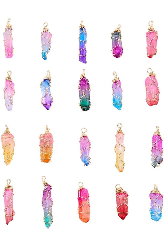 20Pcs Wire Wrapped Stone Pendants 31~50mm Natural Quartz Stone Charms Rough Cone Quartz Charm