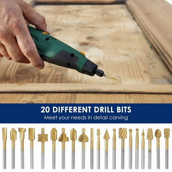 20Pcs Wood Carving Bits Engraving Router Bit, HSS Rotary Burr Set with 1/8 Inch (3mm) Shank for Rotary Tools for DIY