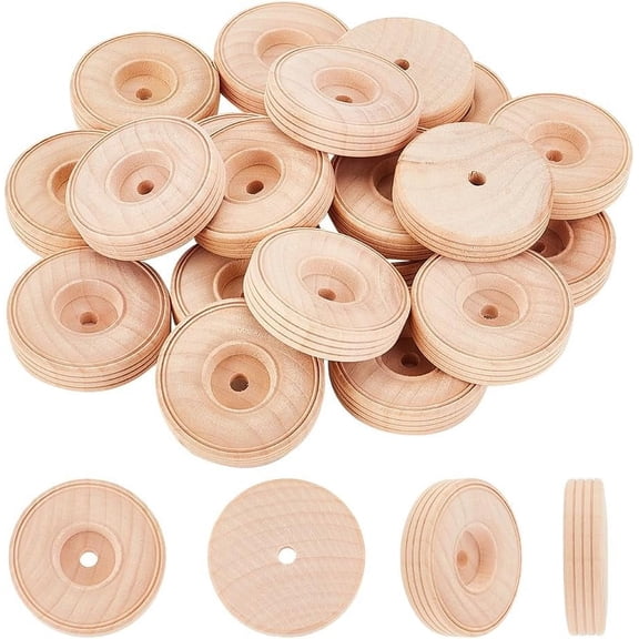 20Pcs Wood Craft Wheels 2x0.5 Inch Unfinshed Wooden Wheels Small Wood Wheels Treaded Wooden Tools Wheel with 0.2 Inch/6mm Hole Creative Craft