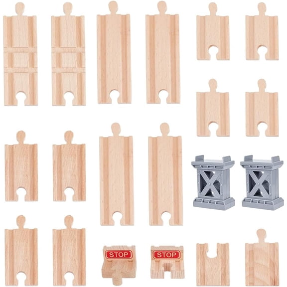 20Pcs Wooden Train Track Railway Track Expansion Straight and Stop Trains Tracks Intersection Tracks Gray Bridge Piers Compatible with Most Railway Trains for Table Activities Games Colorful