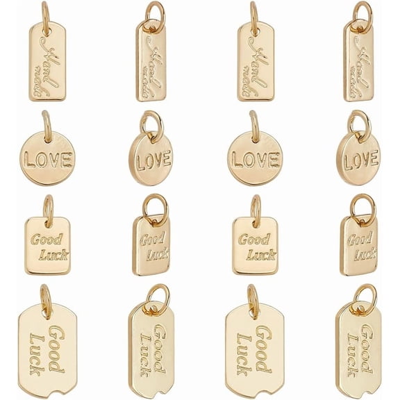 20Pcs Word Charm 18K Gold Plated Brass Good Luck Charm Love Word 4 Style with Handmade Dangle Pendant for DIY