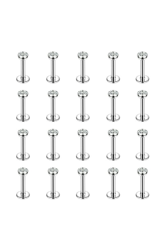 20Pcs/set 16G Steel Color Labret Lip Studs Rings White Cubic Zirconia Monroe Medusa Piercing Conch Helix Cartilage Piercing