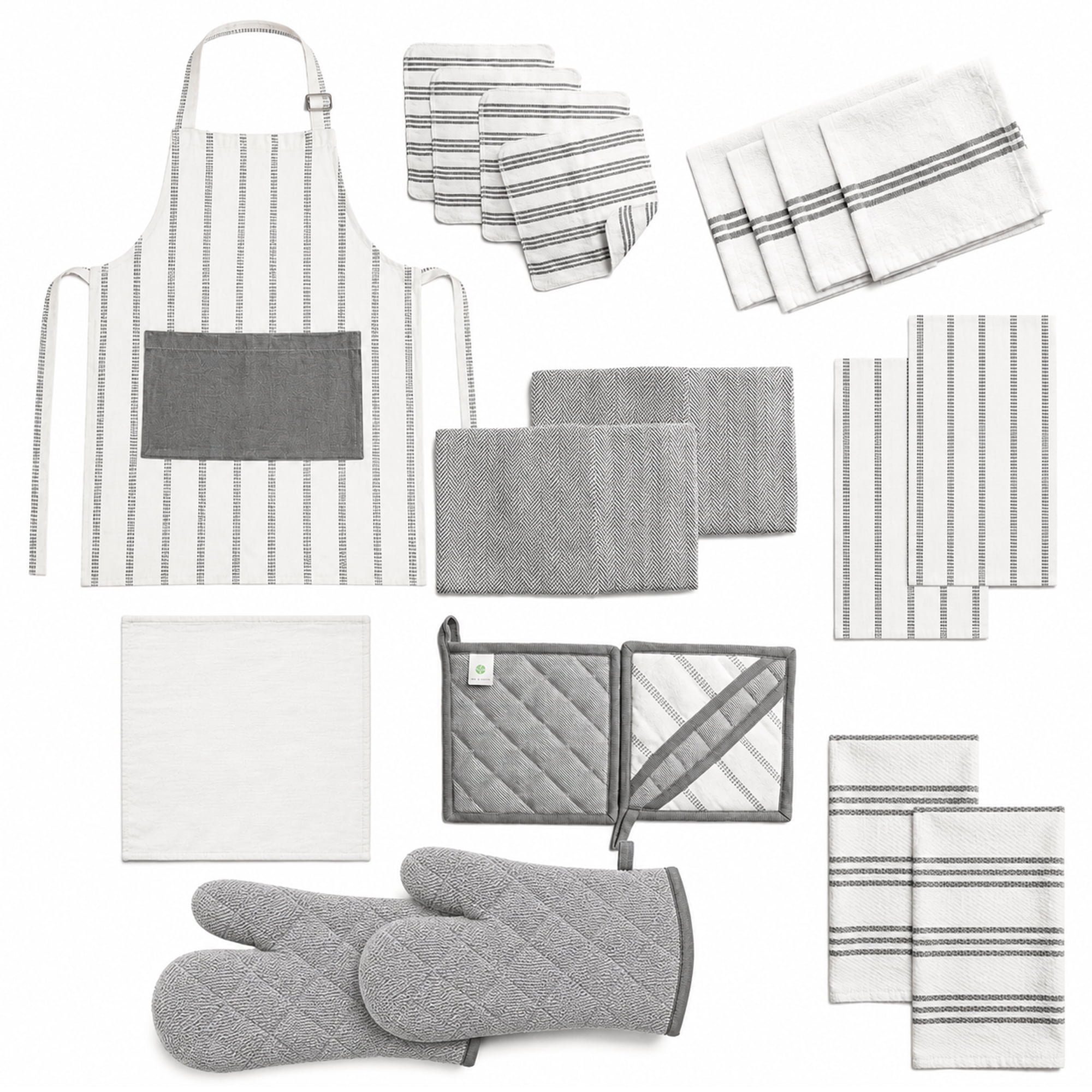 Top Cotton 20 Piece Kitchen Linen Set, Cotton Kitchen Towels, Dishcloths, Apron, Oven Mitts and Pot Holders (Ash Gray)