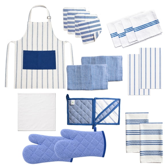 Top Cotton 20 Piece Kitchen Linen Set, Cotton Kitchen Towels, Dishcloths, Apron, Oven Mitts and Pot Holders (Royal Blue)