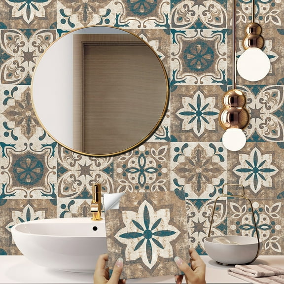 20Piece Peel and Stick Tile Kitchen Backsplash 5.91"x5.91" Brown & Blue Flowers Retro Decorative Stickers Vinyl Wall Wallpaper Decals Tiles