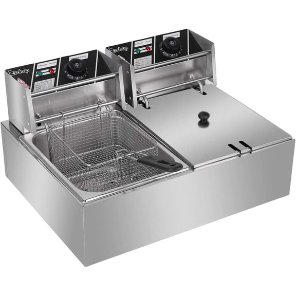 20QT Electric Deep Fryer Dual Tank Stainless Steel Countertop with Baskets and Lids 5000W 110V for Home and Commercial Use