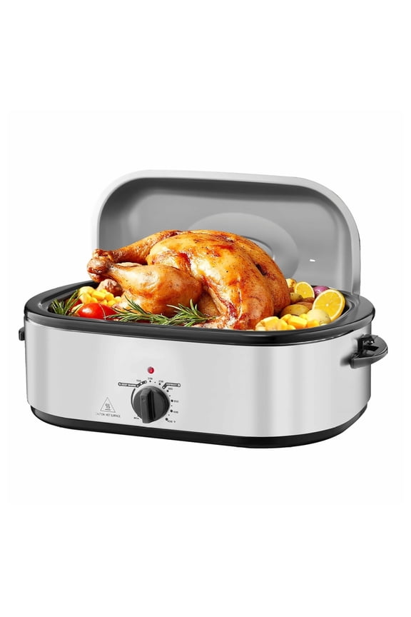 20QT Electric Roaster Oven, 150-450F Adjustable Turkey Roaster Pan, Self-Basting Lid, Defrost & Warm Functions, Large Capacity for 24lb Turkey, Home Cooking