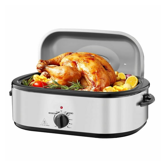 20QT Electric Roaster Oven, Adjustable Temperature 150-450F, Fast Turkey Roaster Pan with Self-Basting Lid, Defrost & Warm Function, Fits Up to 24lb Turkey for Home Use