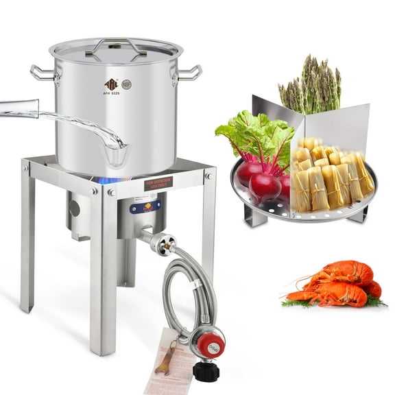 20QT Stainless Steel Steamer Pot Set, 55,000BTU Portable Propane Burner for Seafood Crab,Vegetable,Vaporeras para Tamale Steaming, w/Easy-fill Water Spout, Divider and Steamer Rack,Outdoor Cooking